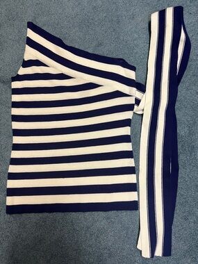 Moda International Navy and White Striped One-Shoulder Tank